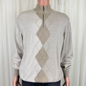 Alex Cannon 1/4 Zip Argyle Mock Neck Sweater Men’s Large Oatmeal Pullover